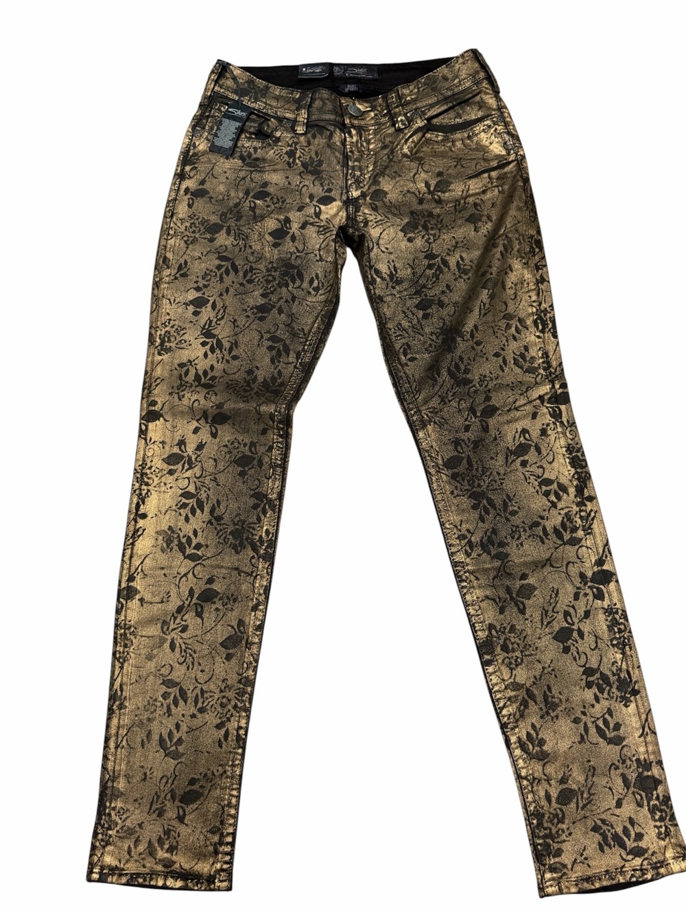Silver Jeans Suki Skinny Bronze Floral Coated Jeans Women’s Mid-Rise 29x31 NWT